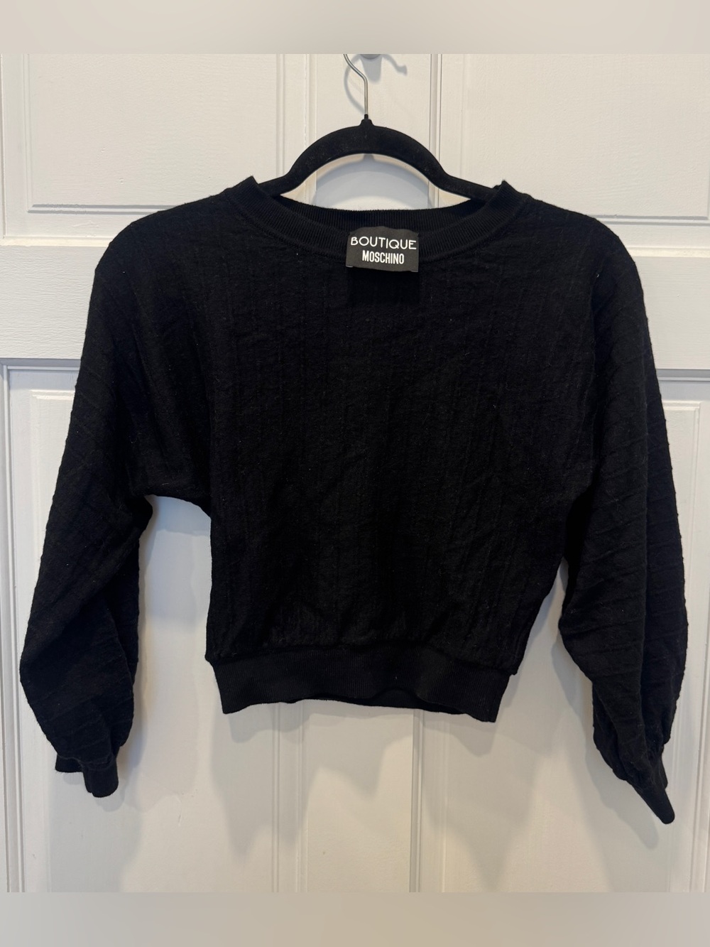 Boutique Moschino Black Virgin Wool Cropped Sweater 10 Balloon Sleeve Designer